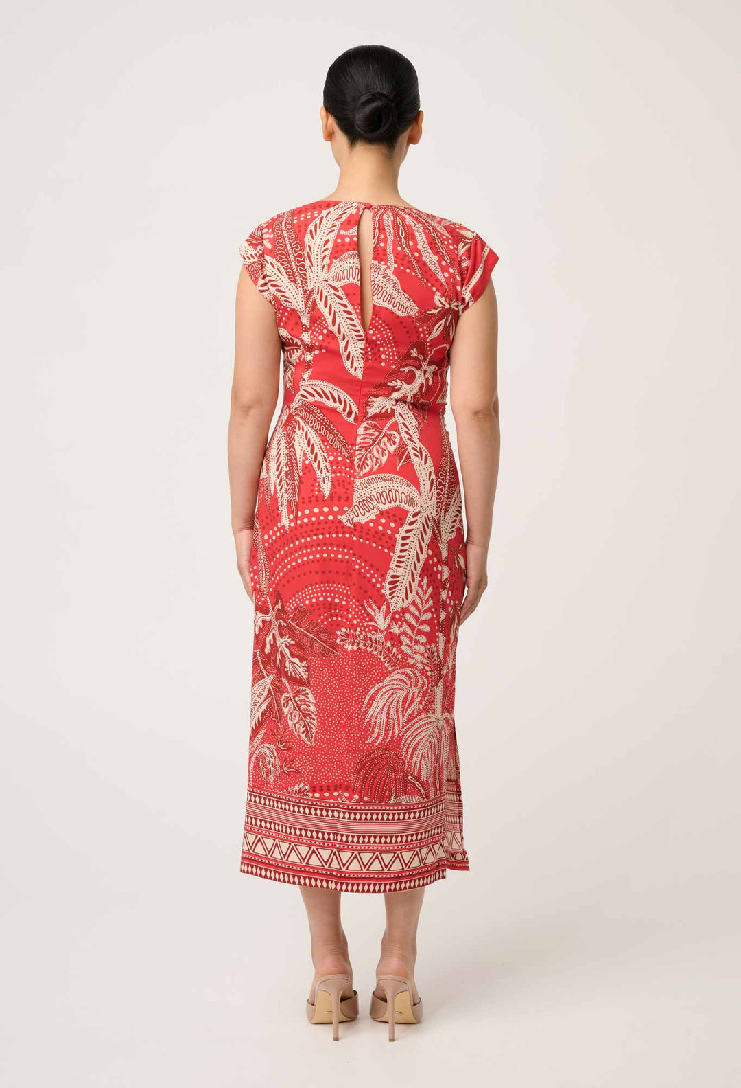 OnceWas PETITE Monique Draped Neck Cupro Viscose Stretch Column Dress in Crimson Palms