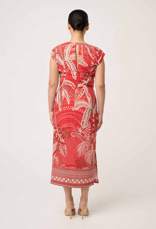 OnceWas PETITE Monique Draped Neck Cupro Viscose Stretch Column Dress in Crimson Palms