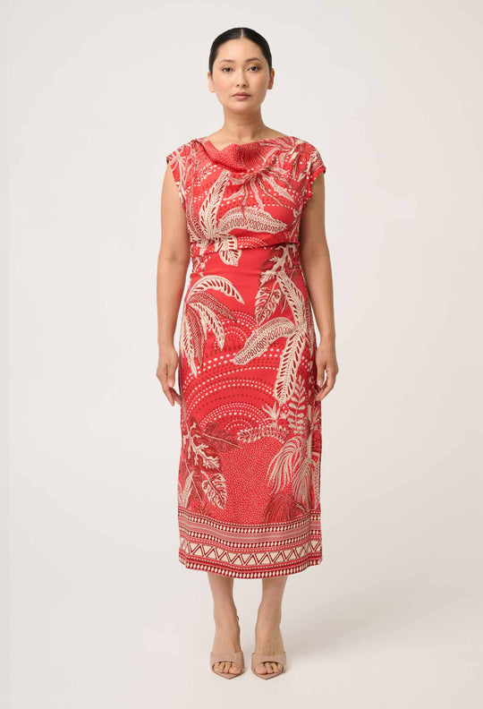 OnceWas PETITE Monique Draped Neck Cupro Viscose Stretch Column Dress in Crimson Palms