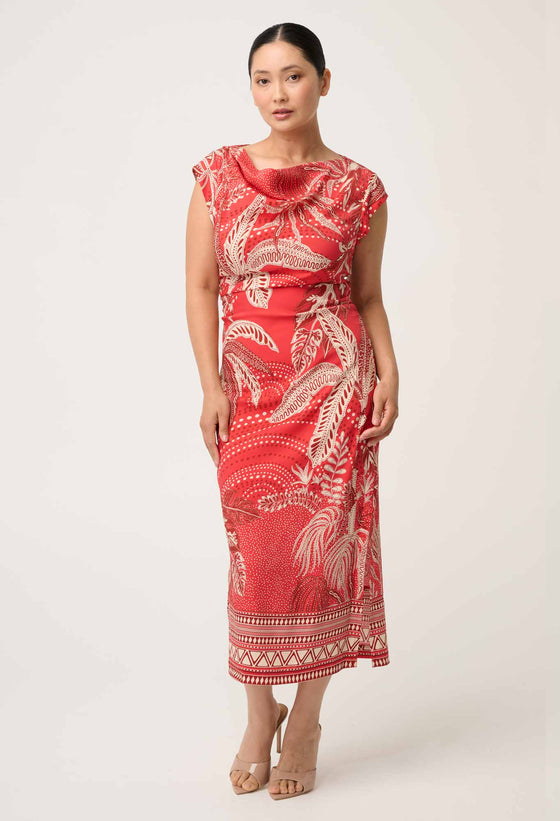 PETITE Monique Draped Neck Cupro Viscose Stretch Column Dress in Crimson Palms