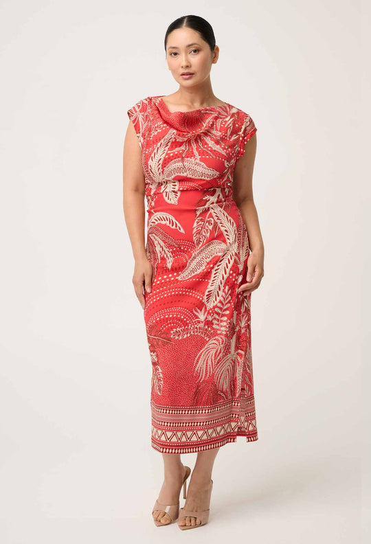OnceWas PETITE Monique Draped Neck Cupro Viscose Stretch Column Dress in Crimson Palms