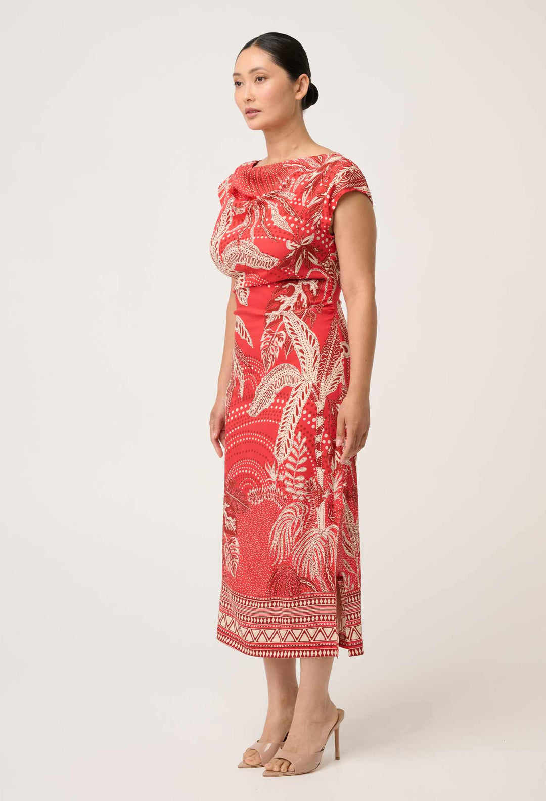 OnceWas PETITE Monique Draped Neck Cupro Viscose Stretch Column Dress in Crimson Palms