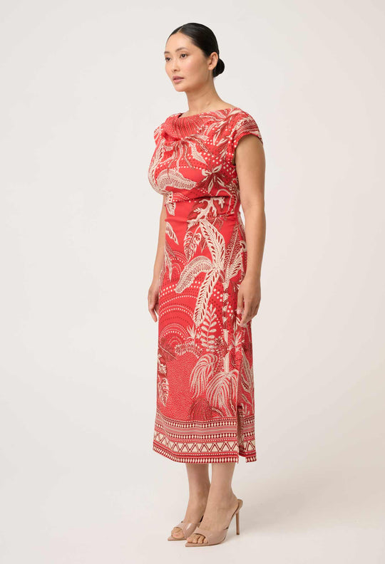 OnceWas PETITE Monique Draped Neck Cupro Viscose Stretch Column Dress in Crimson Palms