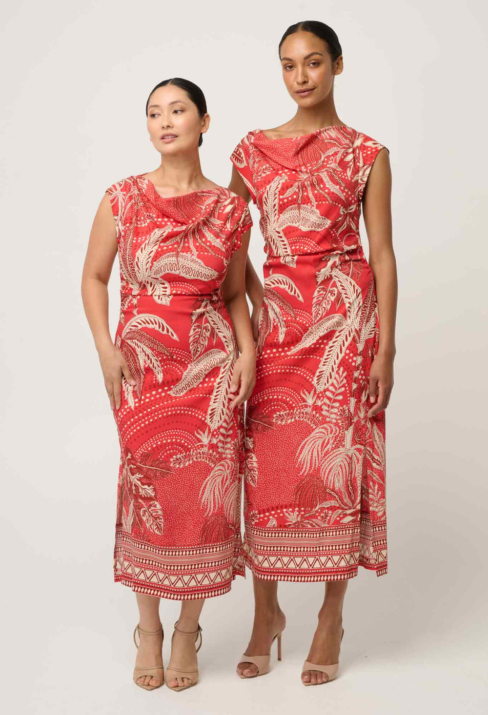 OnceWas PETITE Monique Draped Neck Cupro Viscose Stretch Column Dress in Crimson Palms