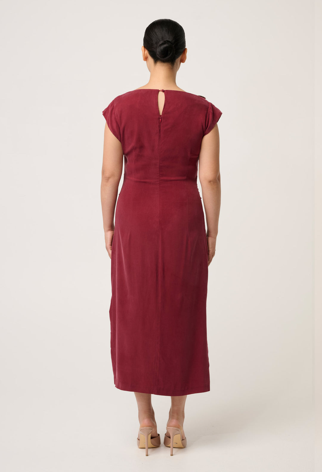 OnceWas PETITE Monique Draped Neck Cupro Viscose Stretch Gold Column Dress in Ruby