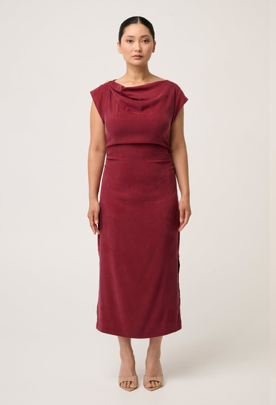 OnceWas PETITE Monique Draped Neck Cupro Viscose Stretch Gold Column Dress in Ruby