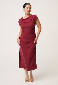 PETITE Monique Draped Neck Cupro Viscose Stretch Gold Column Dress in Ruby