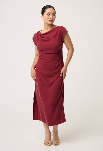 PETITE Monique Draped Neck Cupro Viscose Stretch Gold Column Dress in Ruby