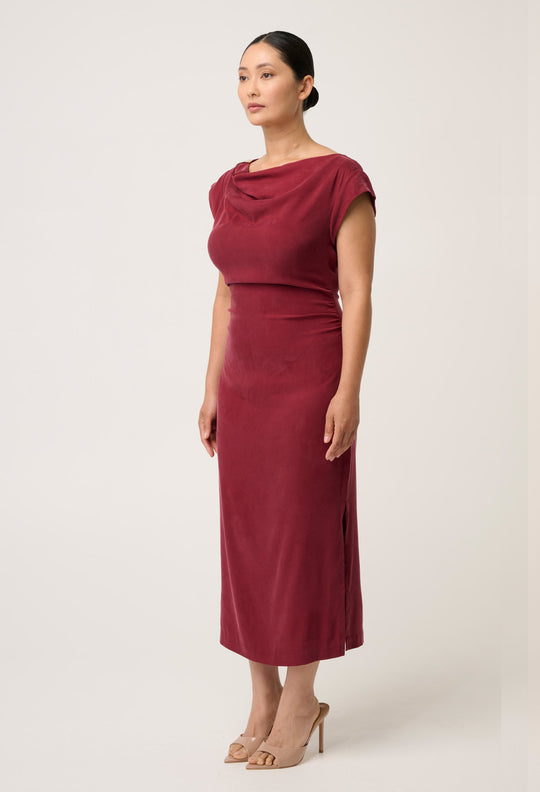 OnceWas PETITE Monique Draped Neck Cupro Viscose Stretch Gold Column Dress in Ruby