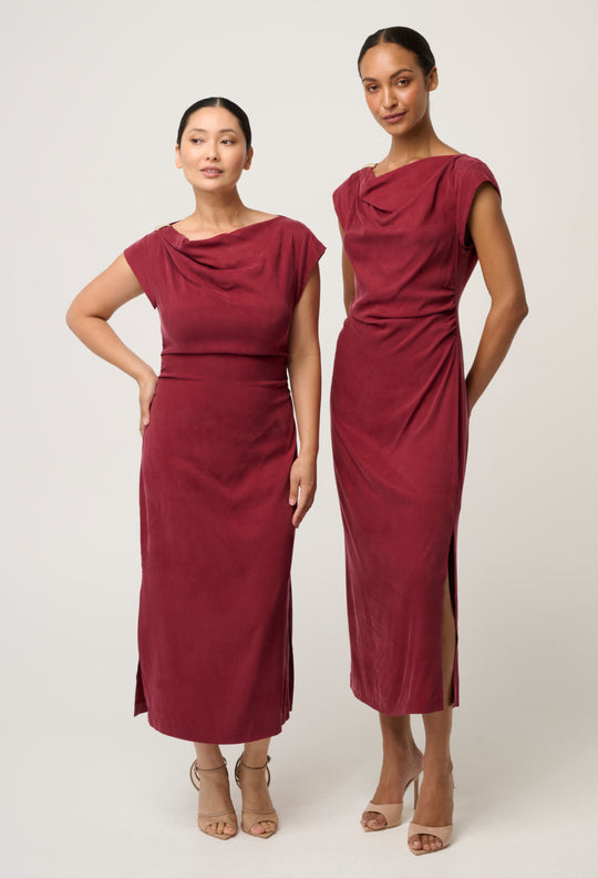 OnceWas PETITE Monique Draped Neck Cupro Viscose Stretch Gold Column Dress in Ruby