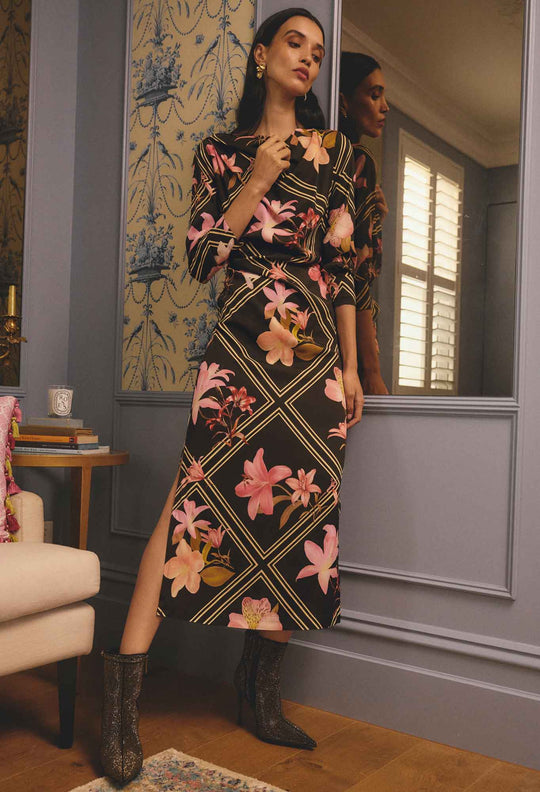 Jayden Cupro Viscose Stretch Dress in Obsidian Bloom