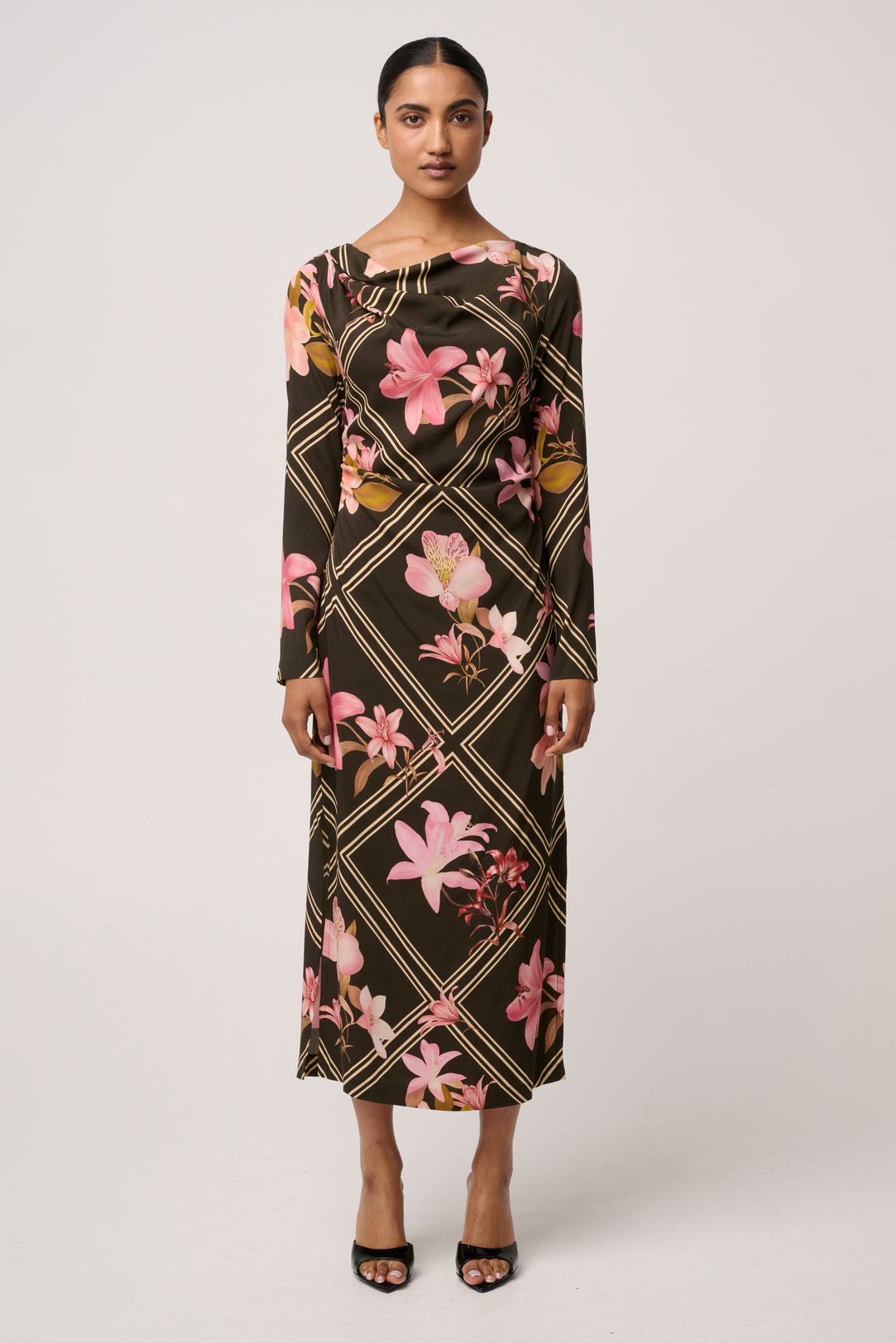 Jayden Cupro Viscose Stretch Dress in Obsidian Bloom