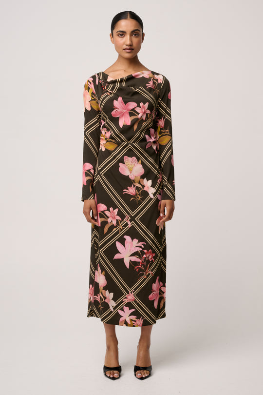 Jayden Cupro Viscose Stretch Dress in Obsidian Bloom