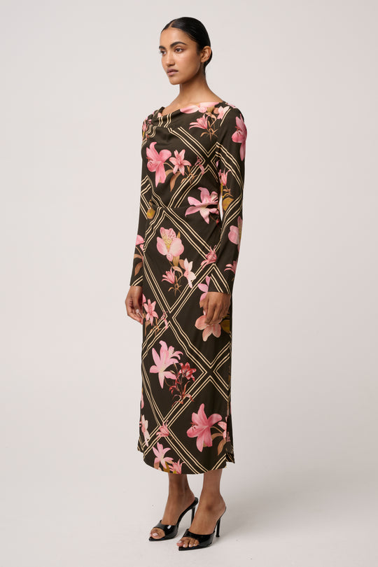Jayden Cupro Viscose Stretch Dress in Obsidian Bloom
