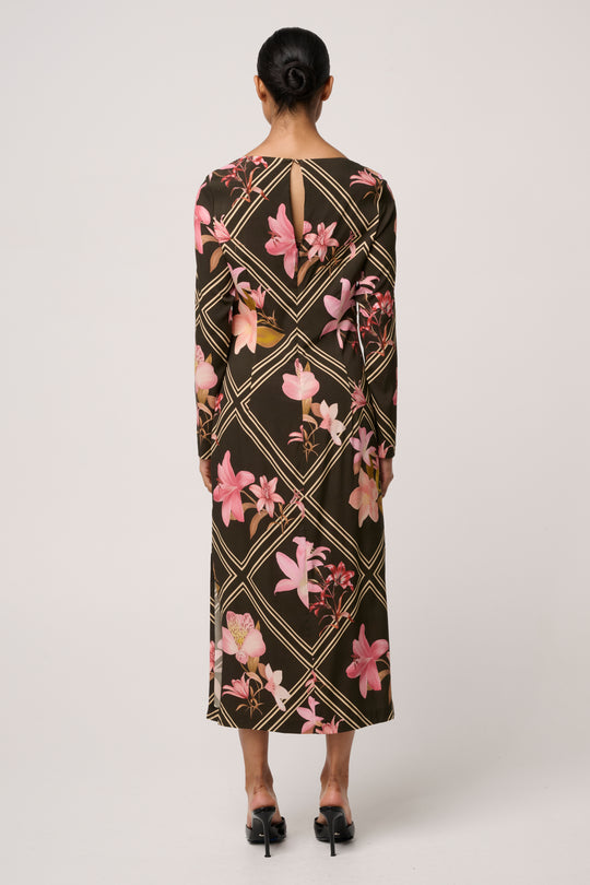 Jayden Cupro Viscose Stretch Dress in Obsidian Bloom