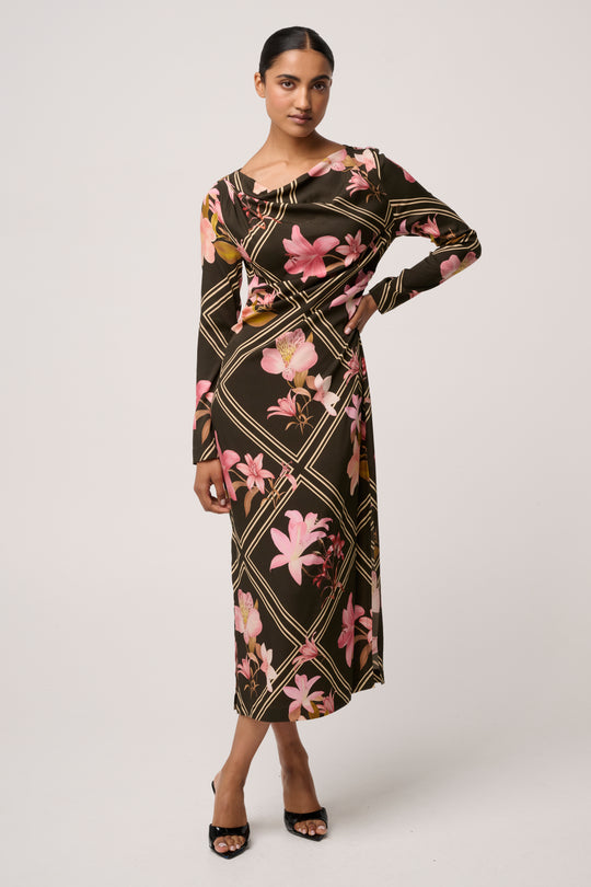 Jayden Cupro Viscose Stretch Dress in Obsidian Bloom