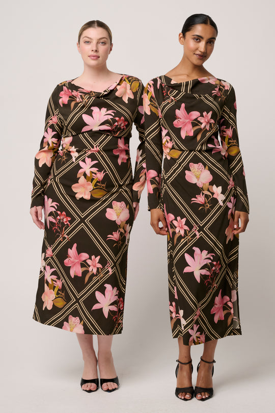 Jayden Cupro Viscose Stretch Dress in Obsidian Bloom