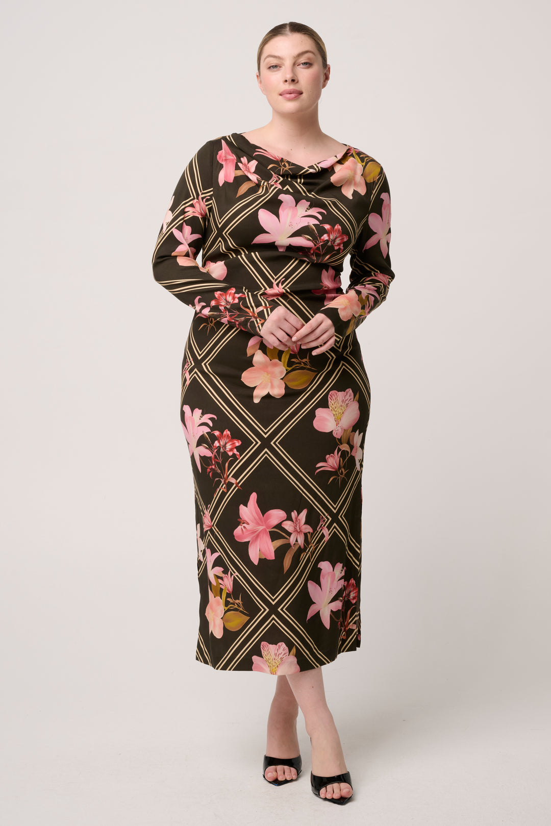 Jayden Cupro Viscose Stretch Dress in Obsidian Bloom