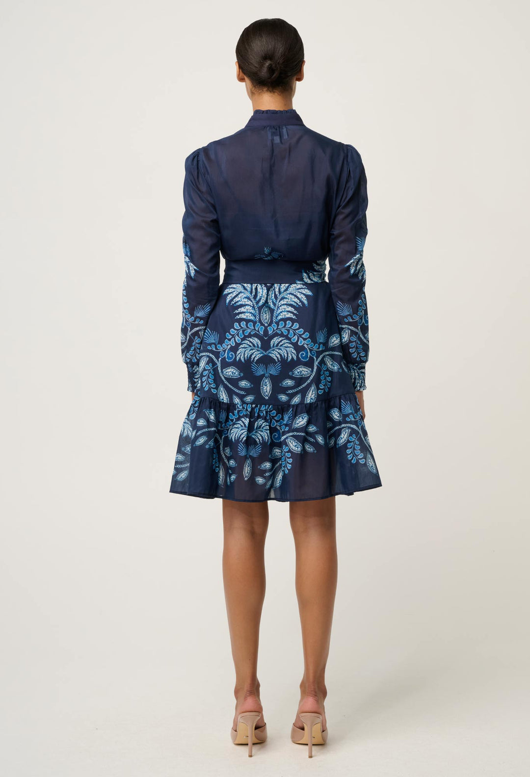 OnceWas Lanae Cotton Silk Print Ruched Sleeve Dress in Moonlit Batik