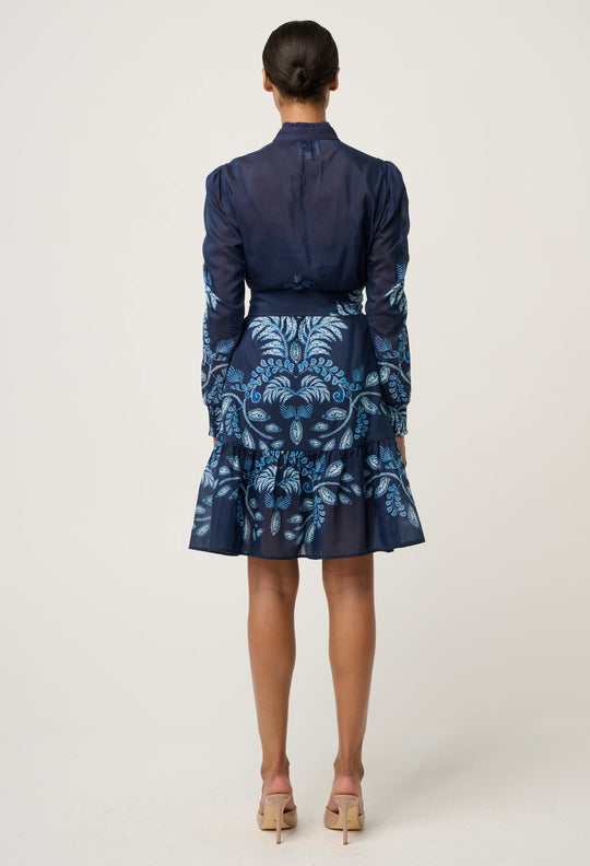 OnceWas Lanae Cotton Silk Print Ruched Sleeve Dress in Moonlit Batik