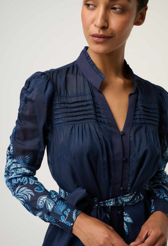 OnceWas Lanae Cotton Silk Print Ruched Sleeve Dress in Moonlit Batik