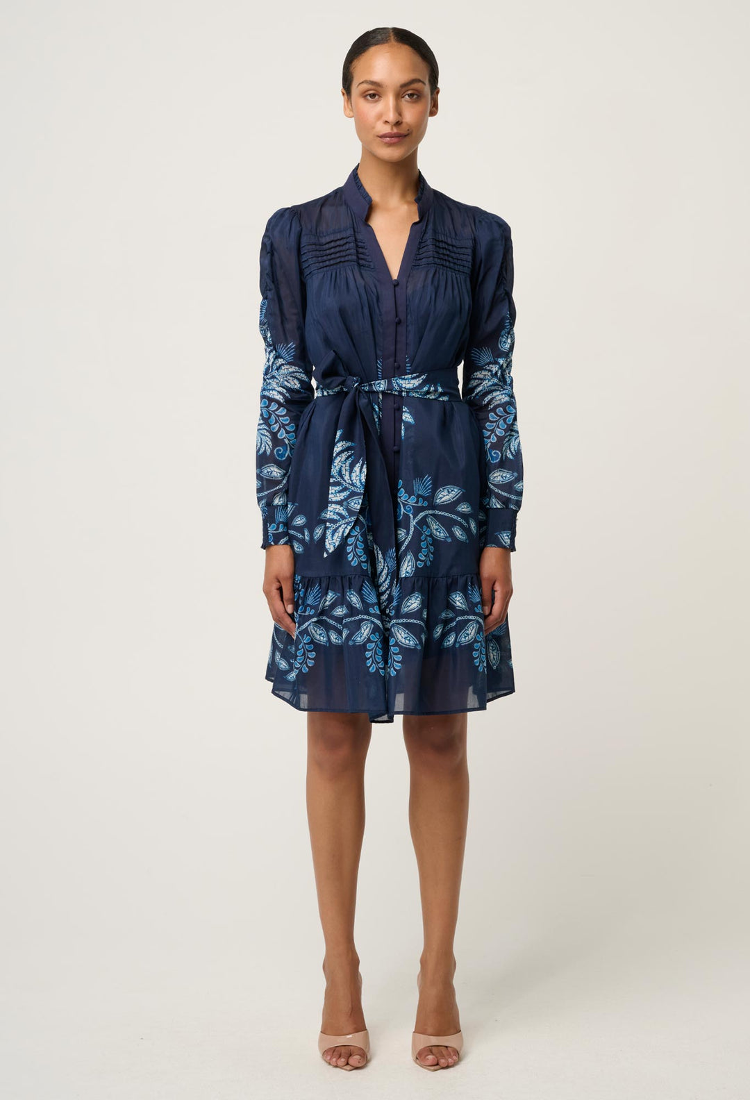 OnceWas Lanae Cotton Silk Print Ruched Sleeve Dress in Moonlit Batik