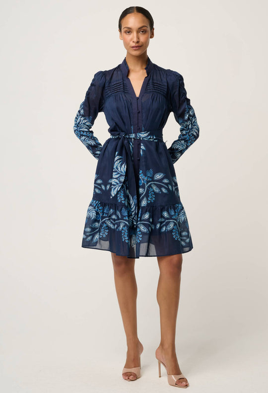 OnceWas Lanae Cotton Silk Print Ruched Sleeve Dress in Moonlit Batik