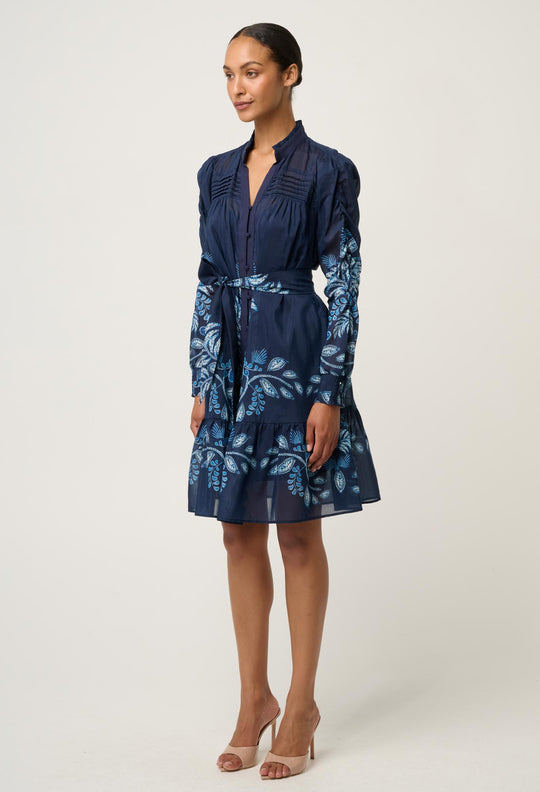 OnceWas Lanae Cotton Silk Print Ruched Sleeve Dress in Moonlit Batik