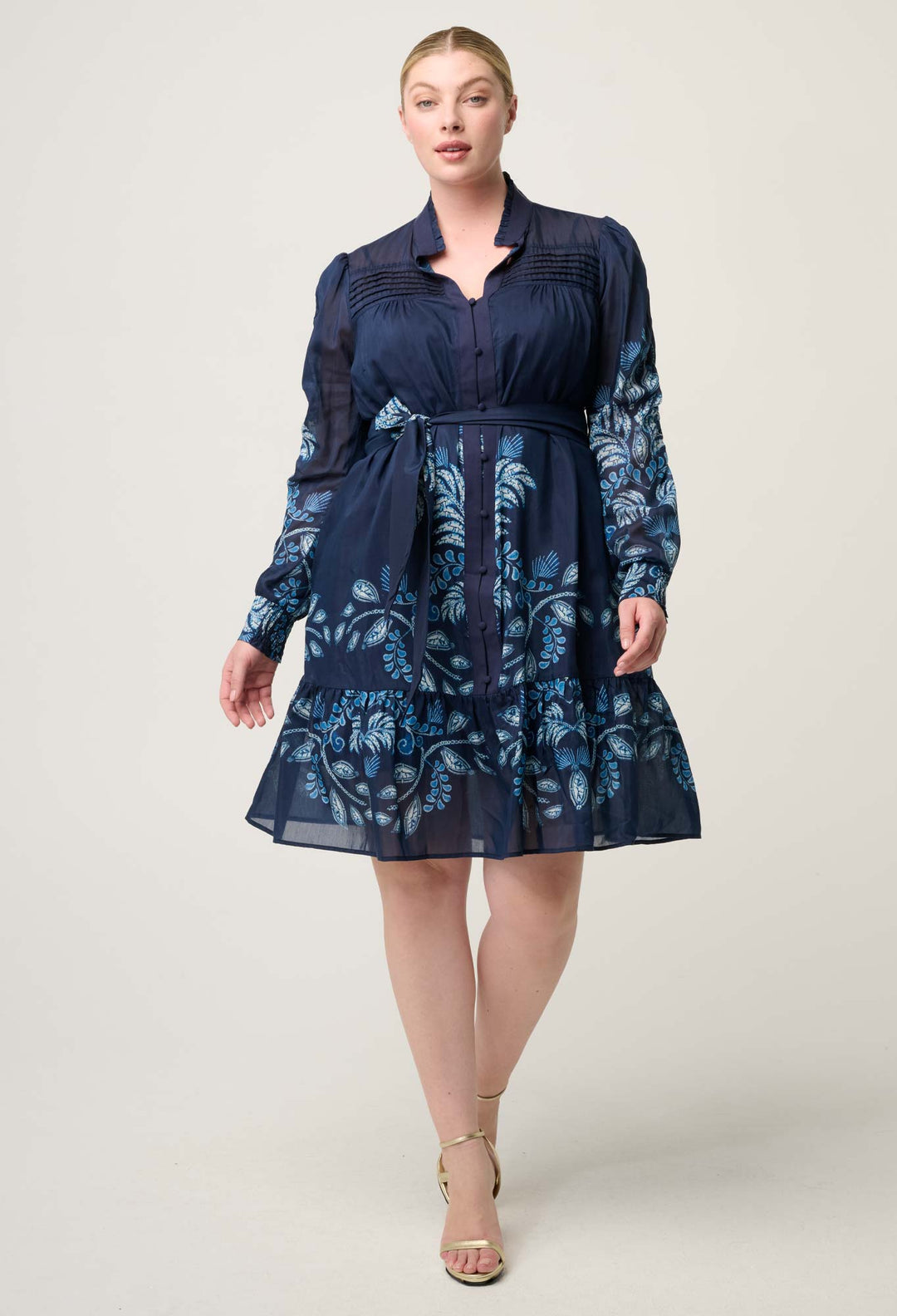 OnceWas Lanae Cotton Silk Print Ruched Sleeve Dress in Moonlit Batik