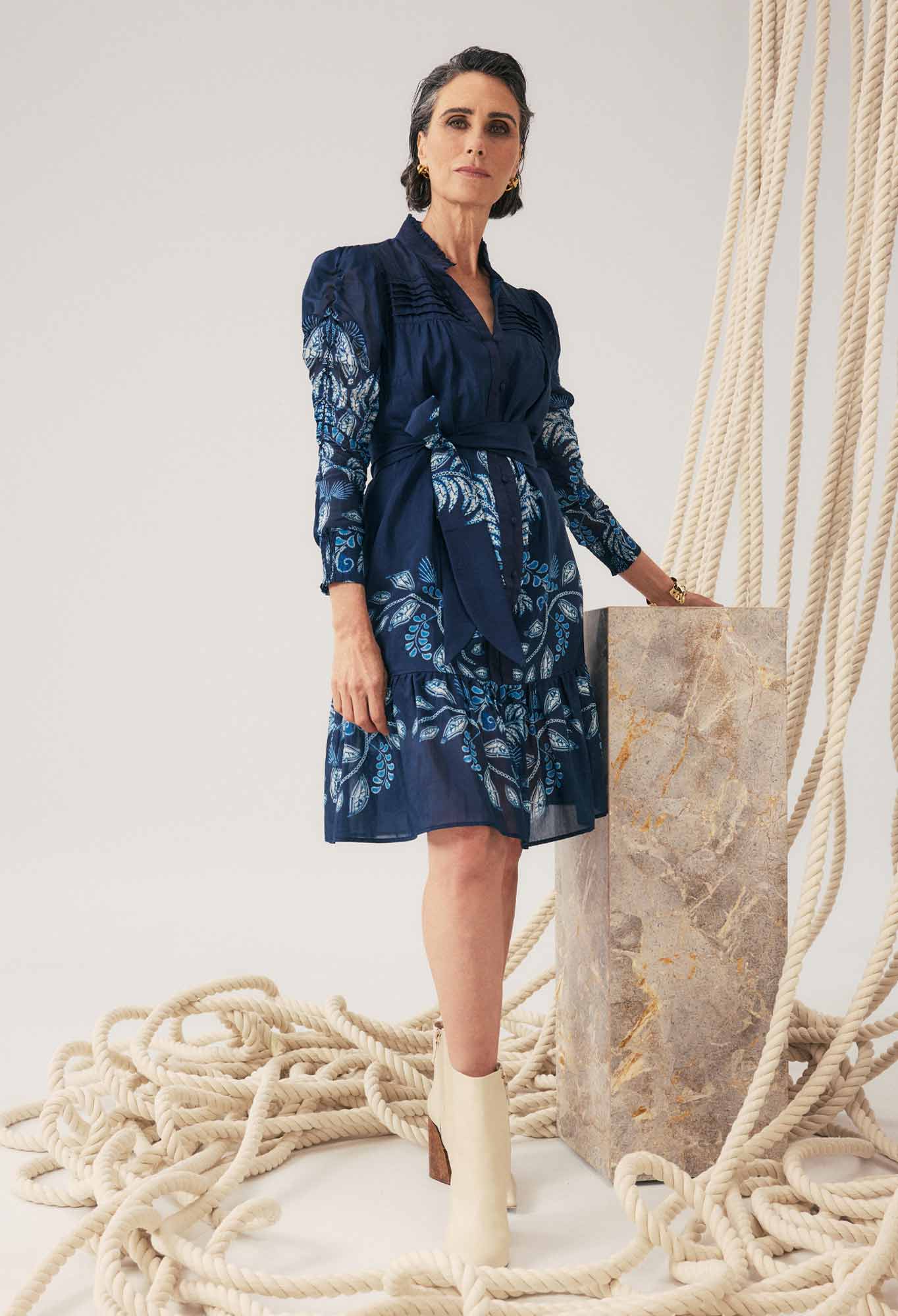 OnceWas Lanae Cotton Silk Print Ruched Sleeve Dress in Moonlit Batik