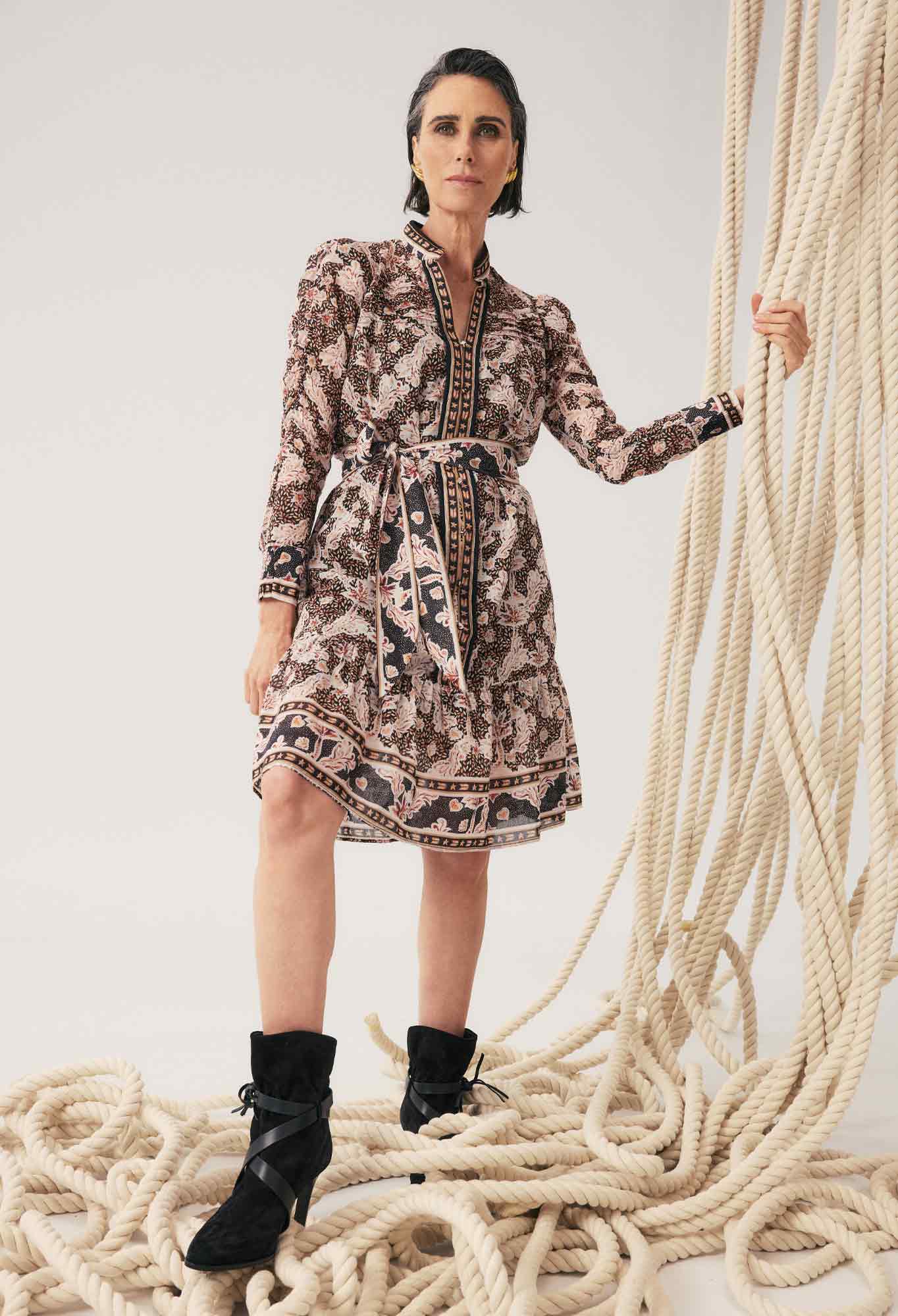 OnceWas Lanae Cotton Silk Ruched Sleeve Dress in Russet Palm