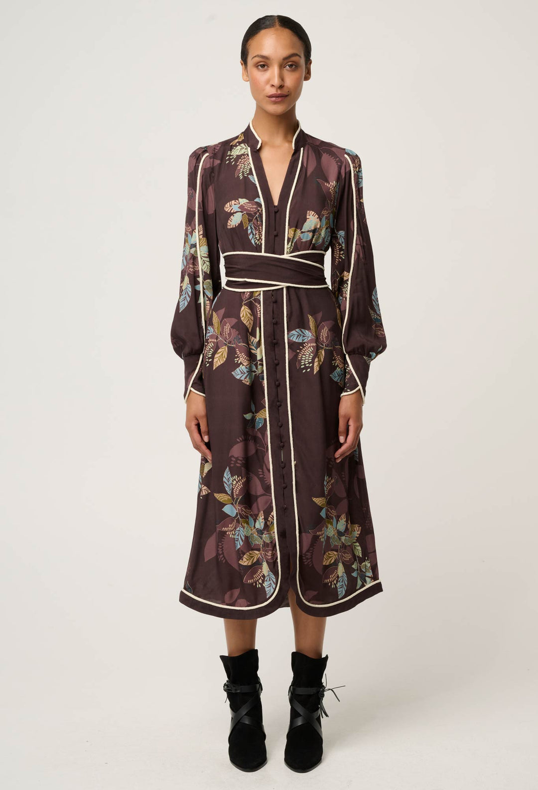 OnceWas Camille Viscose Faile Curved Hem Dress in Ember Vines