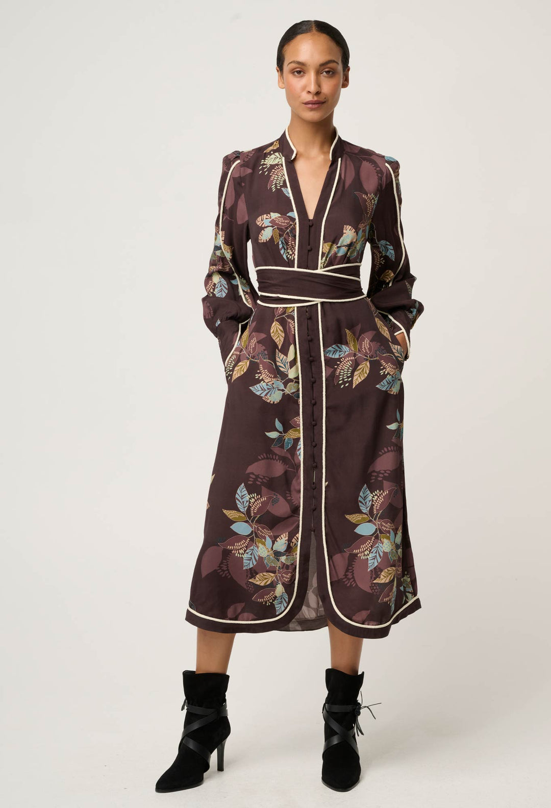 OnceWas Camille Viscose Faile Curved Hem Dress in Ember Vines