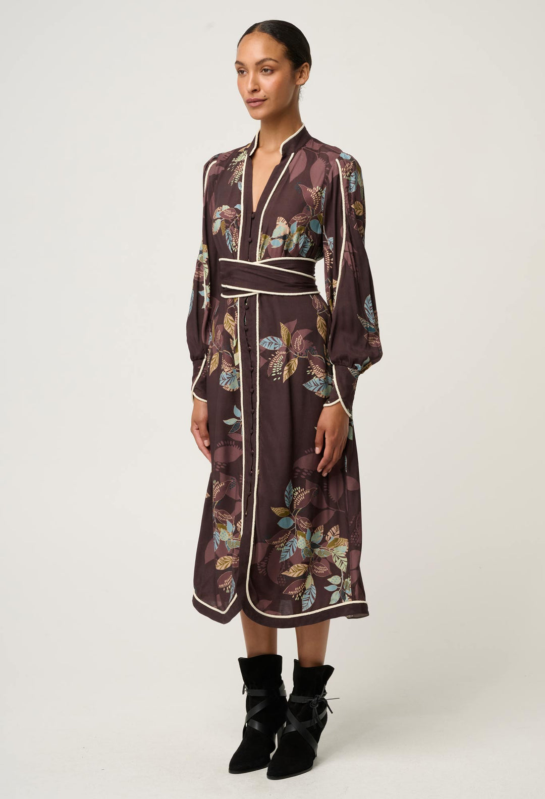 OnceWas Camille Viscose Faile Curved Hem Dress in Ember Vines