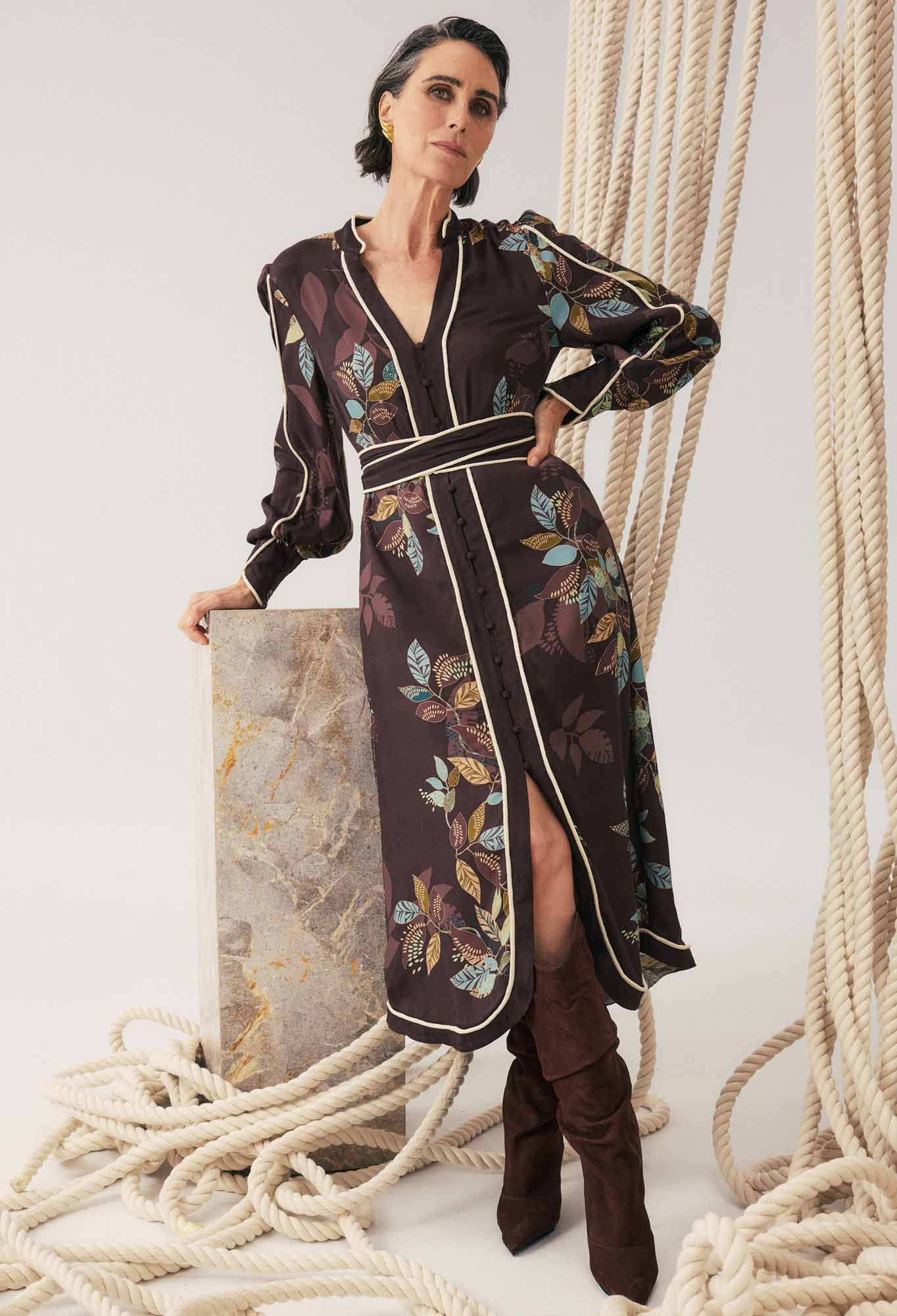 OnceWas Camille Viscose Faile Curved Hem Dress in Ember Vines