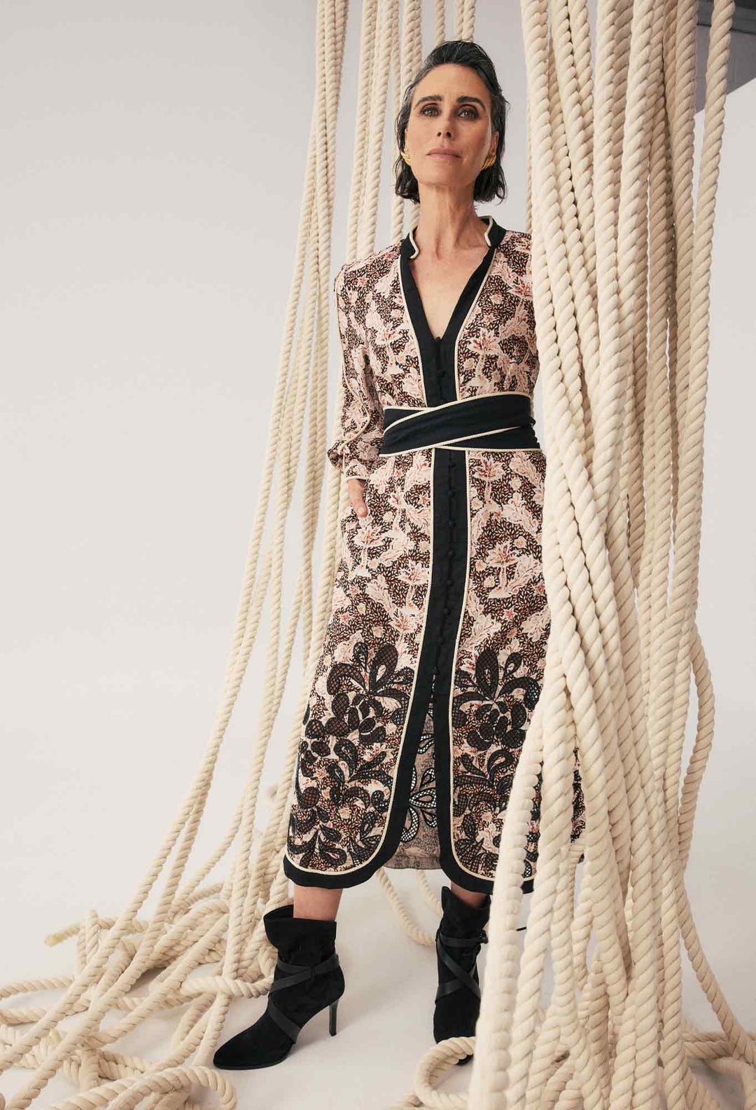 OnceWas Camille Viscose Linen Curved Hem Embroidered Dress in Russet Palm