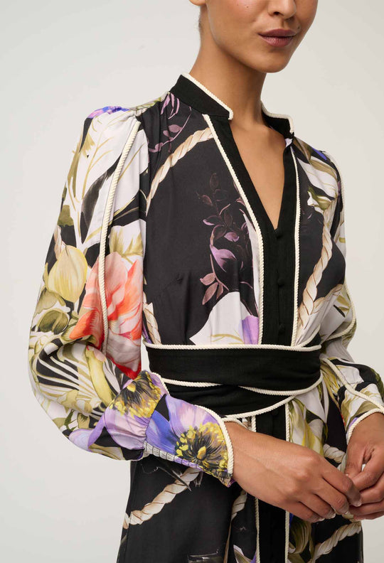 OnceWas Camille ViscoseI Faille Curved Hem Dress in Tangled Blossom