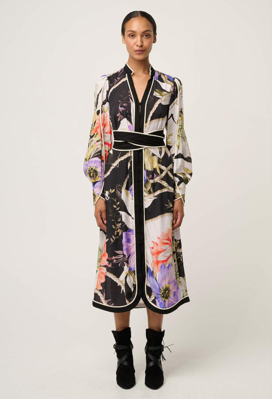 OnceWas Camille ViscoseI Faille Curved Hem Dress in Tangled Blossom