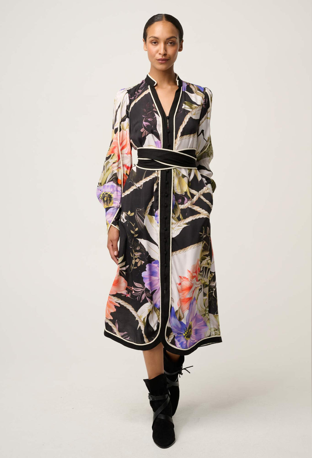 OnceWas Camille ViscoseI Faille Curved Hem Dress in Tangled Blossom