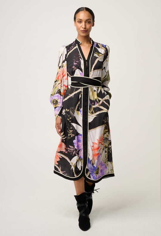 OnceWas Camille ViscoseI Faille Curved Hem Dress in Tangled Blossom