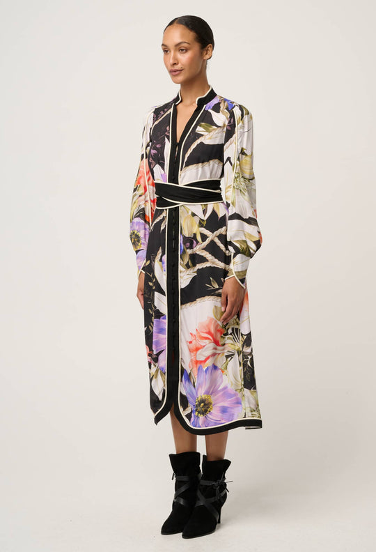 OnceWas Camille ViscoseI Faille Curved Hem Dress in Tangled Blossom