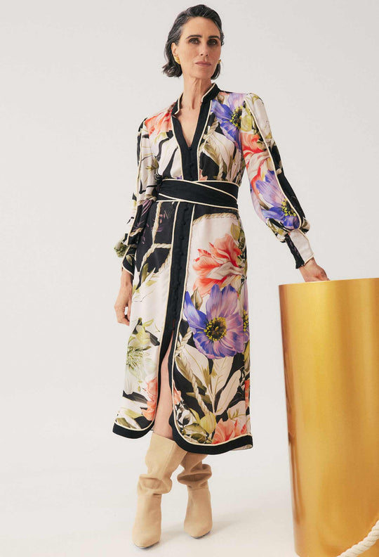 Camille ViscoseI Faille Curved Hem Dress in Tangled Blossom