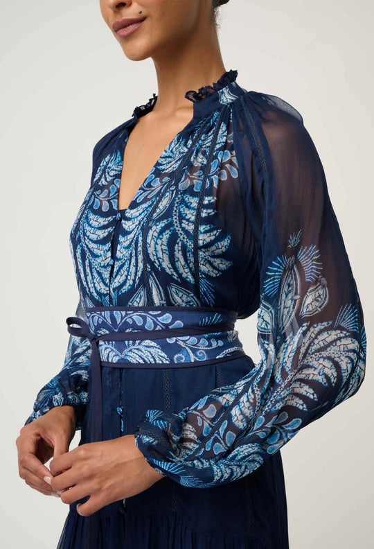 OnceWas Sloane Viscose Chiffon Print Midi Dress  in Moonlit Batik