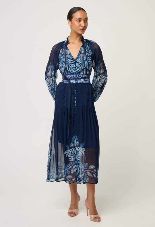OnceWas Sloane Viscose Chiffon Print Midi Dress  in Moonlit Batik