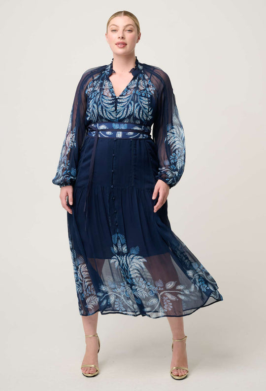 OnceWas Sloane Viscose Chiffon Print Midi Dress  in Moonlit Batik