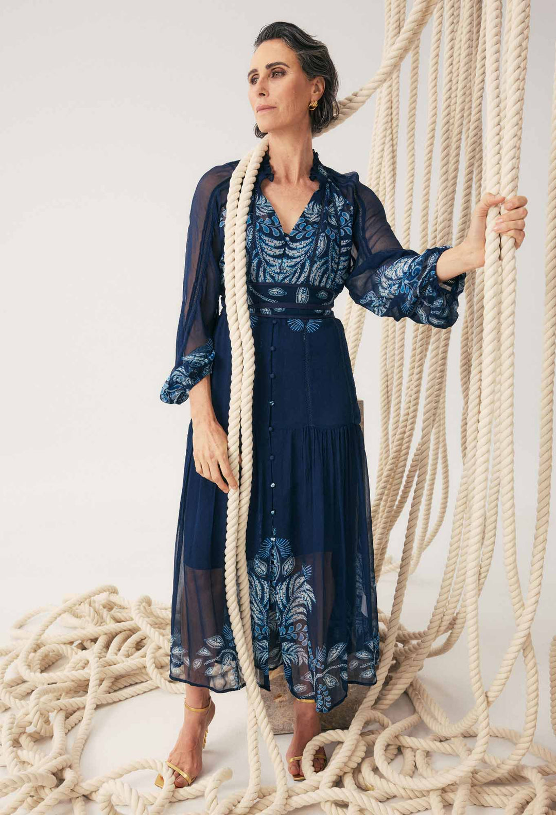 Sloane Viscose Chiffon Print Midi Dress in Moonlit Batik OnceWas Sloane Viscose Chiffon Print Midi Dress in Moonlit Batik OnceWas