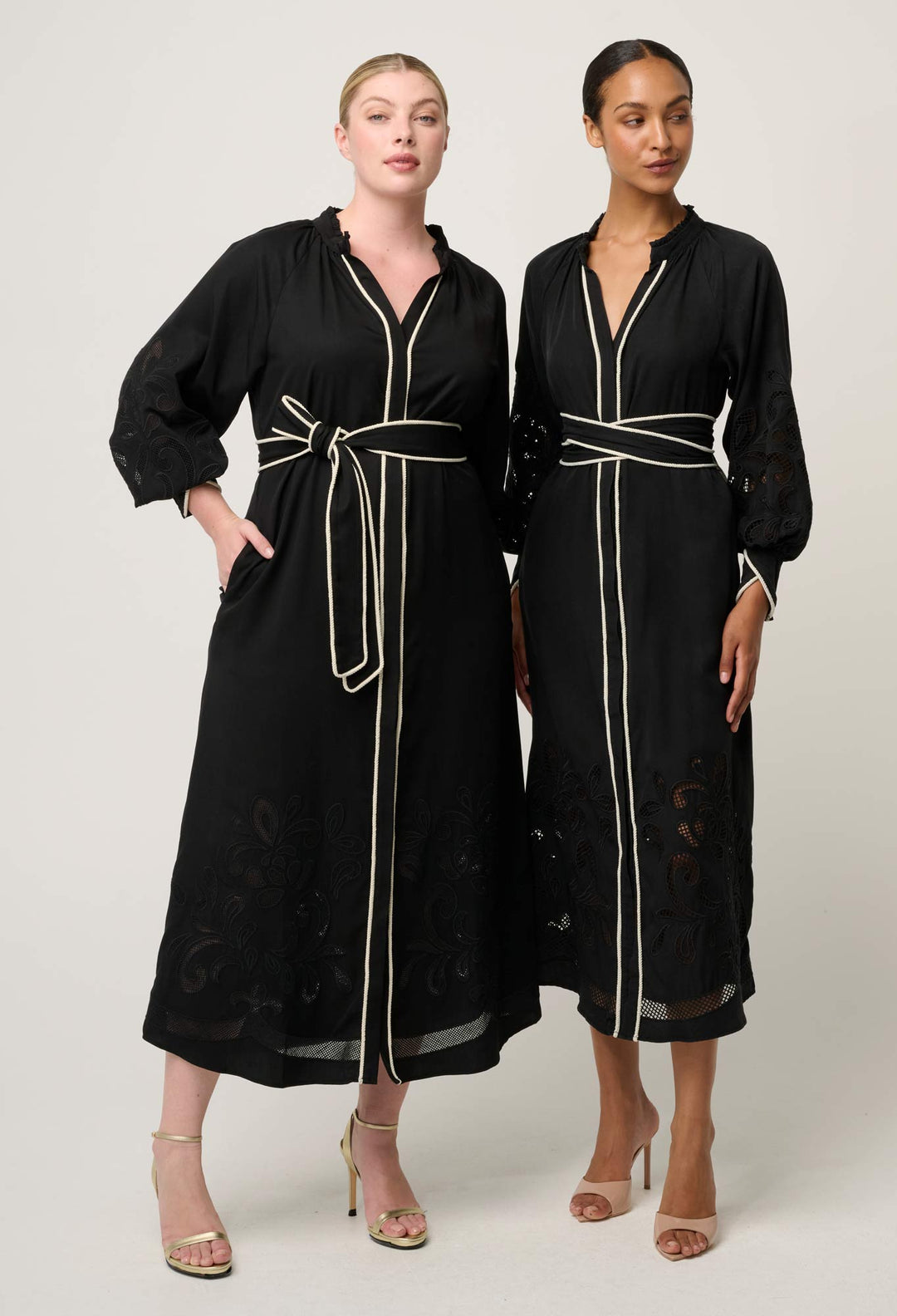 OnceWas Rhea Embroidered Tencel Maxi Dress in Black