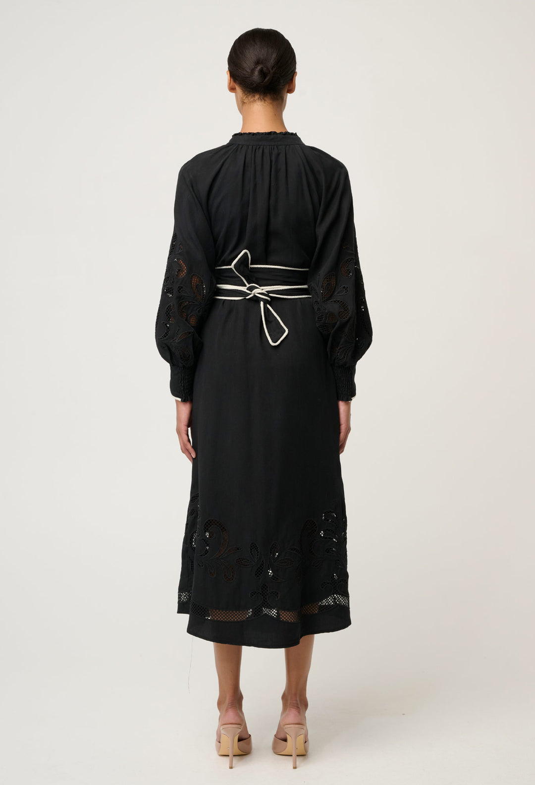 OnceWas Rhea Embroidered Tencel Maxi Dress in Black