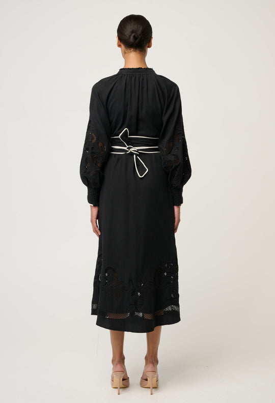 OnceWas Rhea Embroidered Tencel Maxi Dress in Black