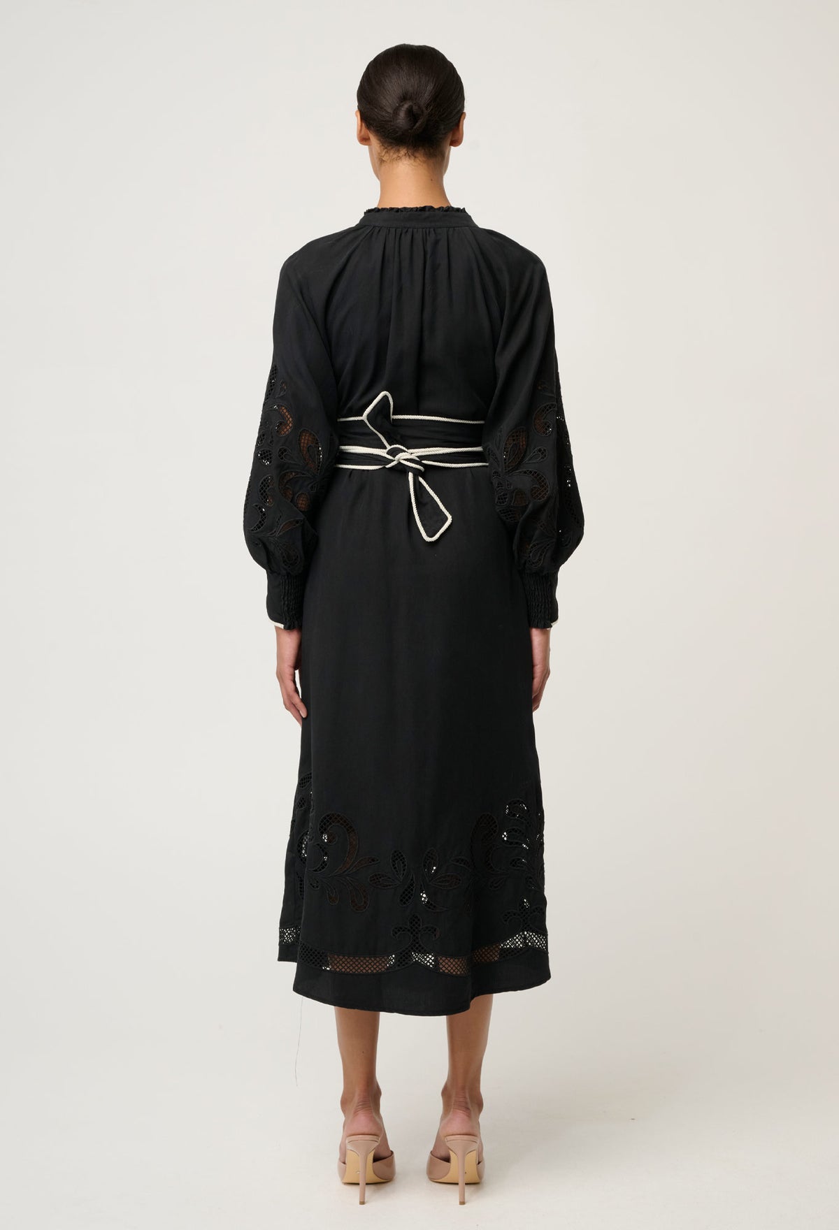 OnceWas Rhea Embroidered Tencel Maxi Dress in Black